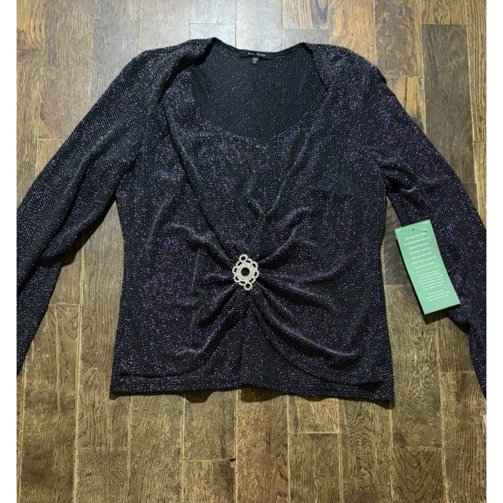 Blu Sage XL Black Metallic Long Sleeve Top with Rhinestone Detail NWT